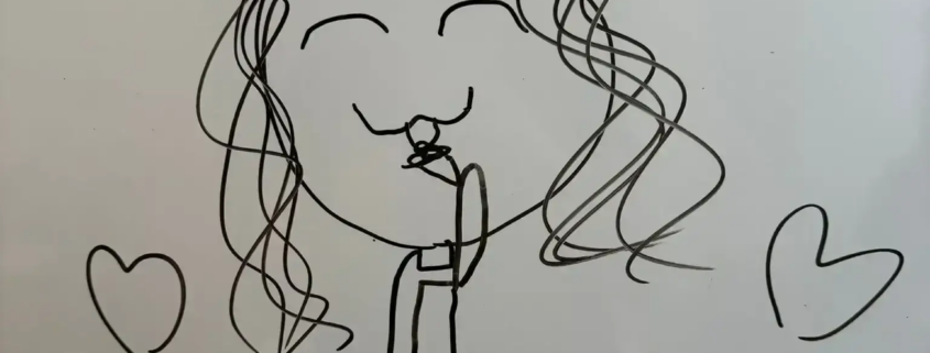 Linee di disegno di una donna felice con capelli ondulati, circondata da cuori, rappresenta un'illustrazione artistica e creativa. Perfetta per contenuti che promuovono sentimenti positivi e benessere.