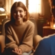 Ragazza sorridente durante una consulenza psicologica in un ambiente confortevole e accogliente, terapia viso a viso, atmosfera calda e familiare, benessere emotivo, supporto psicologico per adolescenti.