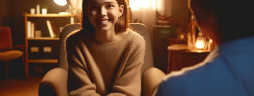 Ragazza sorridente durante una consulenza psicologica in un ambiente confortevole e accogliente, terapia viso a viso, atmosfera calda e familiare, benessere emotivo, supporto psicologico per adolescenti.