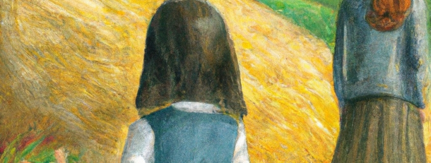 Campo di grano con persone che camminano, paesaggio rurale, arte impressionista, natura italiana, tranquillità e bellezza naturale, scena di campagna, arte paesaggistica, pittura di campagna, immagine di paesaggi italiani.