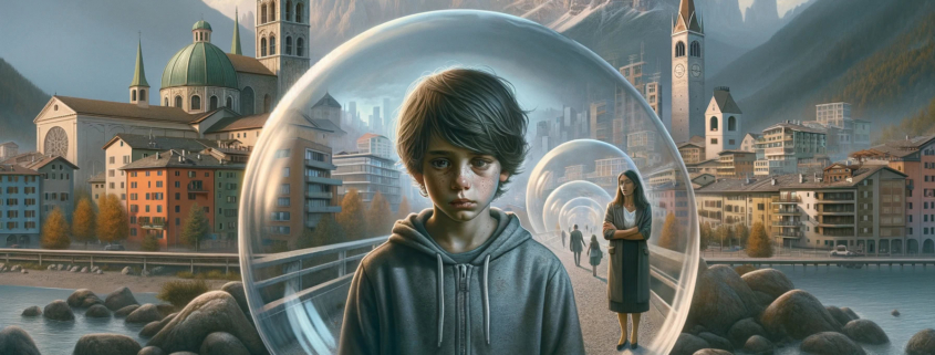 Vita quotidiana immersa in un mondo di tecnologia e innovazione, con elementi di realtà aumentata e digitalizzazione, rappresentando un ambiente urbano moderno e dinamico.