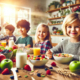 Frunde fresche e cereali per una colazione sana con bambini felici che si godono un pasto nutriente e colorato in una cucina luminosa e accogliente.
