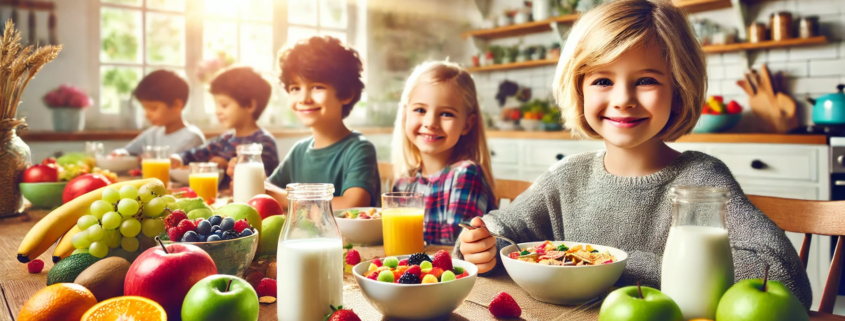 Frunde fresche e cereali per una colazione sana con bambini felici che si godono un pasto nutriente e colorato in una cucina luminosa e accogliente.