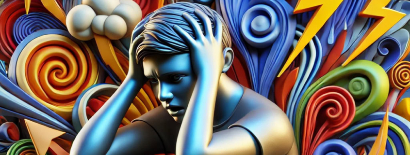 Disturbo d'ansia, disagio mentale e stress, rappresentati da una scultura di un ragazzo in preda a malessere interiore circondato da nuvole, fulmini e spirali colorate, simbolo di emozioni tumultuose e disagio psicologico.