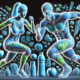 Sano e attivo, uomo e donna in movimento con elementi di cibo e integratori alimentari, rappresentando benessere, nutrizione e integratori naturali.