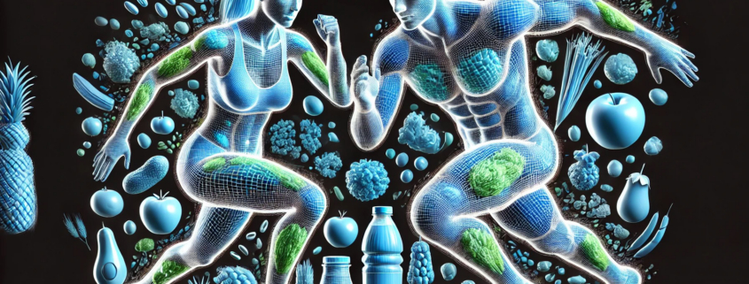 Sano e attivo, uomo e donna in movimento con elementi di cibo e integratori alimentari, rappresentando benessere, nutrizione e integratori naturali.
