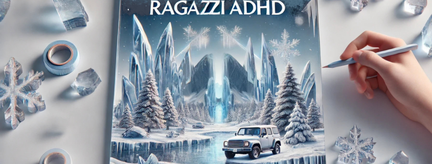 Alta text: Poster pubblicitario con paesaggio invernale e auto 4x4, promuove la consapevolezza sulla miopia e l'ADHD tra i giovani, con elementi di ghiaccio e natura invernale.