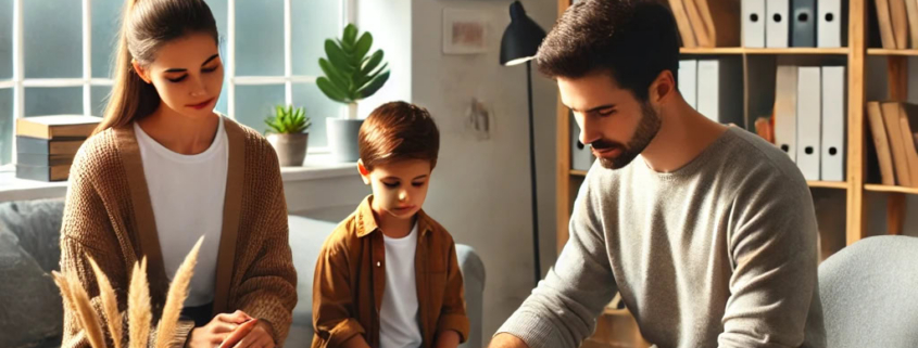 Famiglia seduta in soggiorno durante consulenza psicologica, concetto di terapia familiare e benessere emotivo, ambiente accogliente per supporto psicologico, immagini di counseling e cura psicologica, servizi di terapia familiare Pecom.