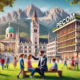 Pecom edificio moderno nel centro di una città alpina con montagne sullo sfondo e persone che socializzano in un'area verde, combinando architettura tradizionale e moderna.