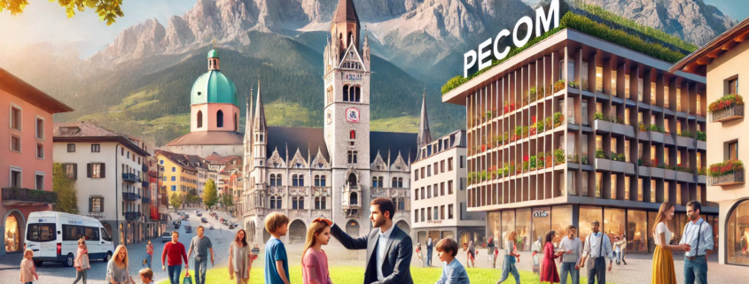 Pecom edificio moderno nel centro di una città alpina con montagne sullo sfondo e persone che socializzano in un'area verde, combinando architettura tradizionale e moderna.
