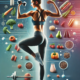 Donna che solleva un manubrio, circondata da alimenti sani e attrezzature fitness, promuovendo uno stile di vita salutare e l'importanza di una nutrizione equilibrata e dell'esercizio fisico.