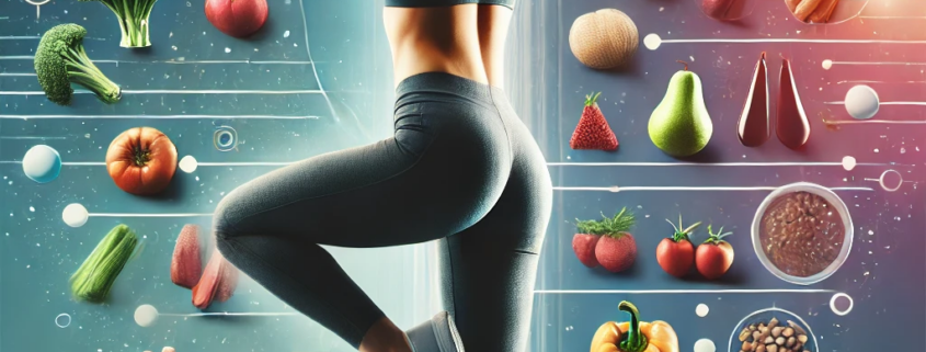 Donna che solleva un manubrio, circondata da alimenti sani e attrezzature fitness, promuovendo uno stile di vita salutare e l'importanza di una nutrizione equilibrata e dell'esercizio fisico.