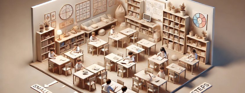 Atmosfera di studio in una stanza calda e accogliente con sedie e tavoli per bambini, scaffali pieni di libri e decorazioni in stile minimalista, ideale per sessioni educative e di apprendimento.