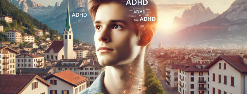 Neurodiversità, ADHD, giovane uomo pensieroso in città con montagne, rappresenta attenzione e consapevolezza sui disturbi dell'attenzione e iperattività.