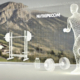 Barcode di un uomo che corre con manubri, modello digitale 3D, con attrezzature per palestra e logo Nutripecom, ambientato con paesaggio montano sullo sfondo, rappresenta innovazione nel settore salute e fitness.