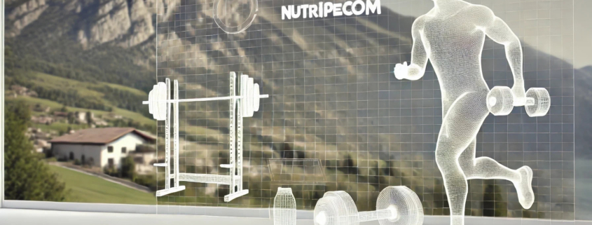 Barcode di un uomo che corre con manubri, modello digitale 3D, con attrezzature per palestra e logo Nutripecom, ambientato con paesaggio montano sullo sfondo, rappresenta innovazione nel settore salute e fitness.