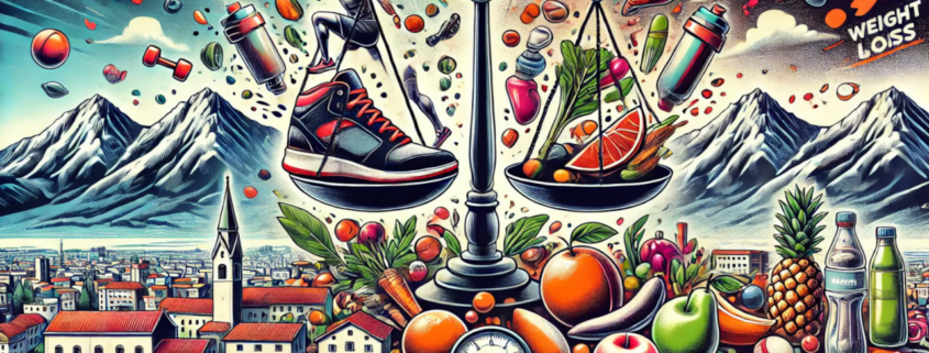 Scarpa sportiva con sneakers, bilancia con frutta e verdura, integratori alimentari, orologio e scene di montagne e città, rappresentando benessere, fitness e uno stile di vita salutare.