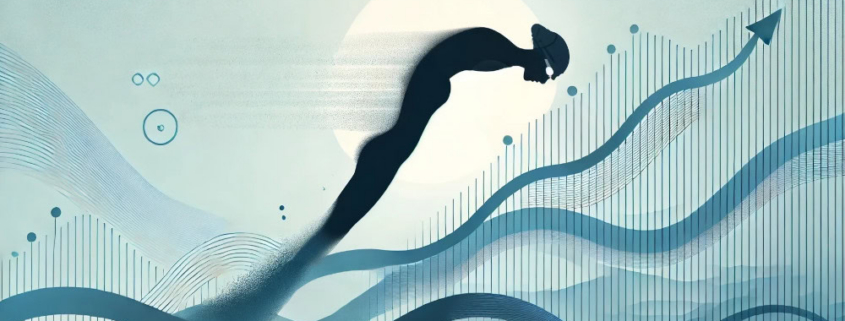 Mamme, allenamento e crescita personale, rappresentato da silhouette in movimento con grafici di progresso e crescita.