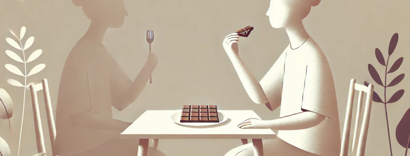 Illustrazione minimalista di una persona che pratica il mindful eating, gustando consapevolmente un pezzo di cioccolato. Di fronte a lei, un'ombra con una forchetta simboleggia il contrasto con il mangiare automatico.
