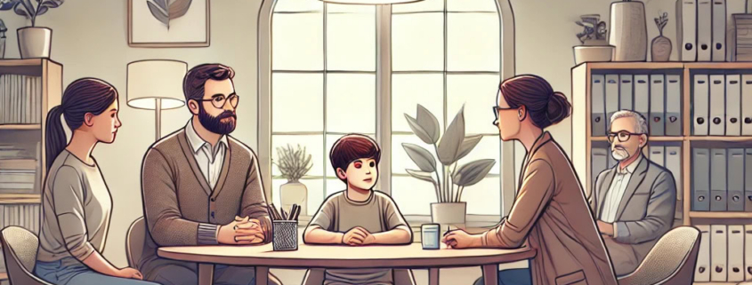 L'illustrazione di un bambino, i suoi genitori, il maestro e la psicoterapeuta intorno a un tavolo in un ambulatorio. L'immagine vuole rappresentare l'approccio multimodale dell'ADHD che vede coinvolgere tutti i personaggi attivi nella vita del bambino.