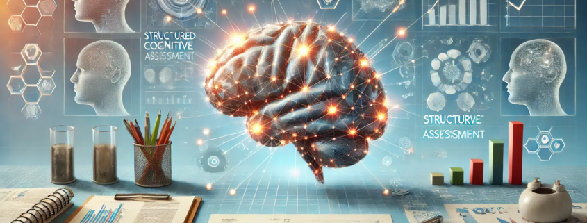 Illustrazione concettuale della valutazione cognitiva. Si presentano strumenti di analisi come schemi, grafici e un cervello stilizzato.