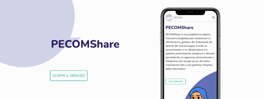 Schermata della piattaforma PECOMShare di PECOM. A sinistra un pulsante "Scopri il servizio" e a destra, lo schermo di un telefono che mostra la descrizione della piattaforma.